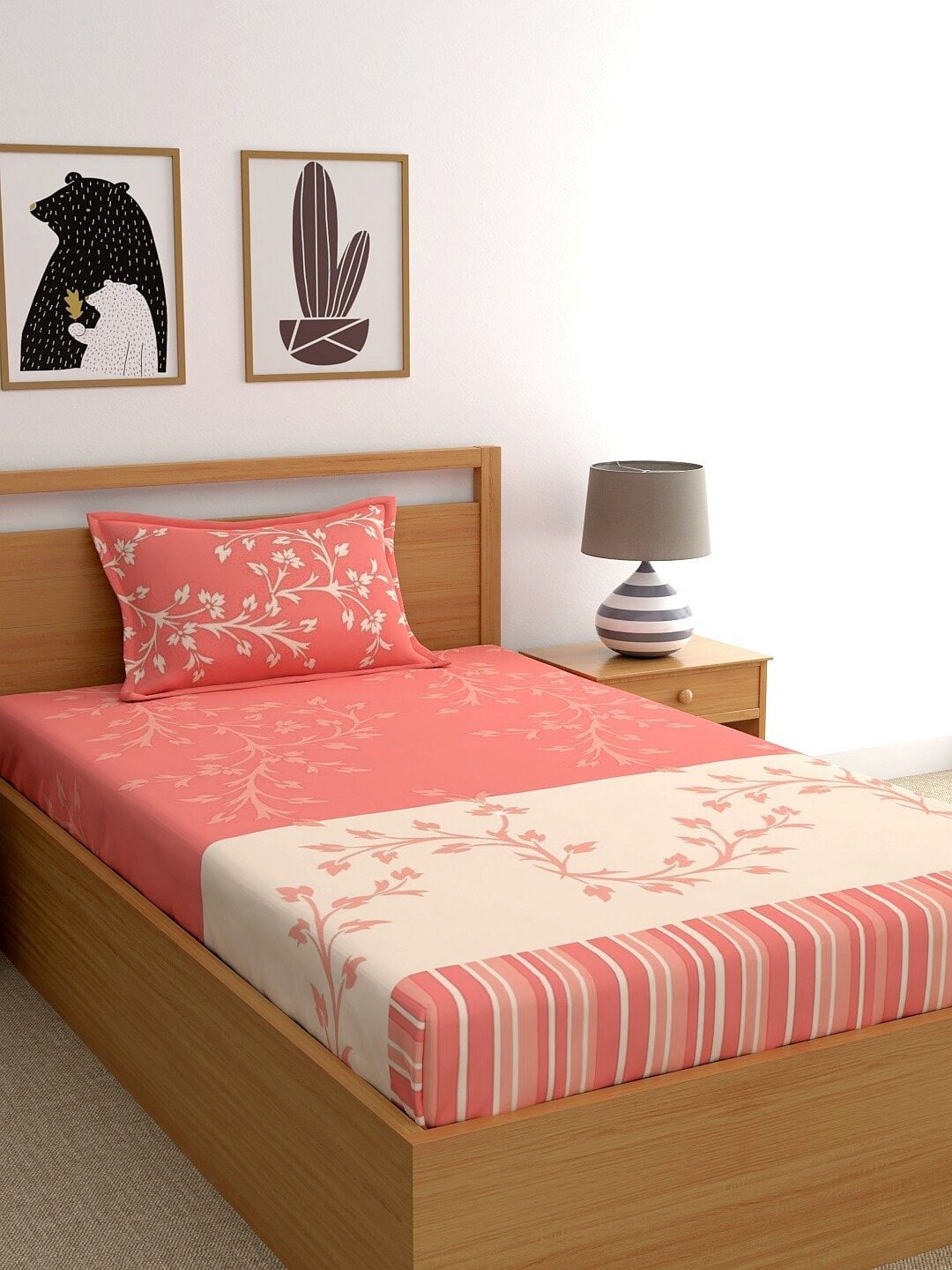 Dreamscape Peach & Beige Floral 140 TC Pure Cotton Single Bedsheet With 1 Pillow Covers Price in India
