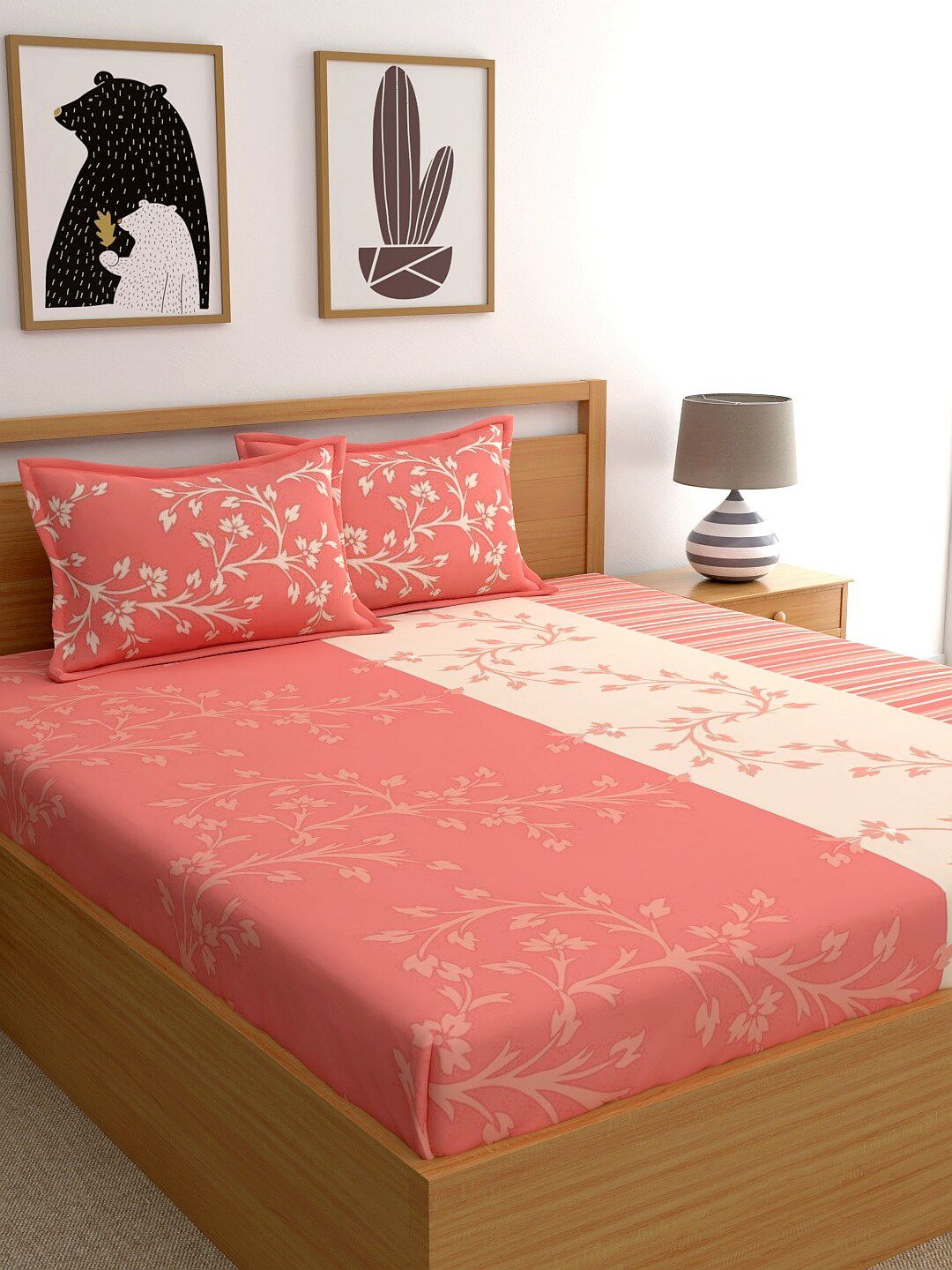 Dreamscape Peach-Coloured & Beige Floral 140 TC Cotton King Bedsheet With 2 Pillow Covers Price in India
