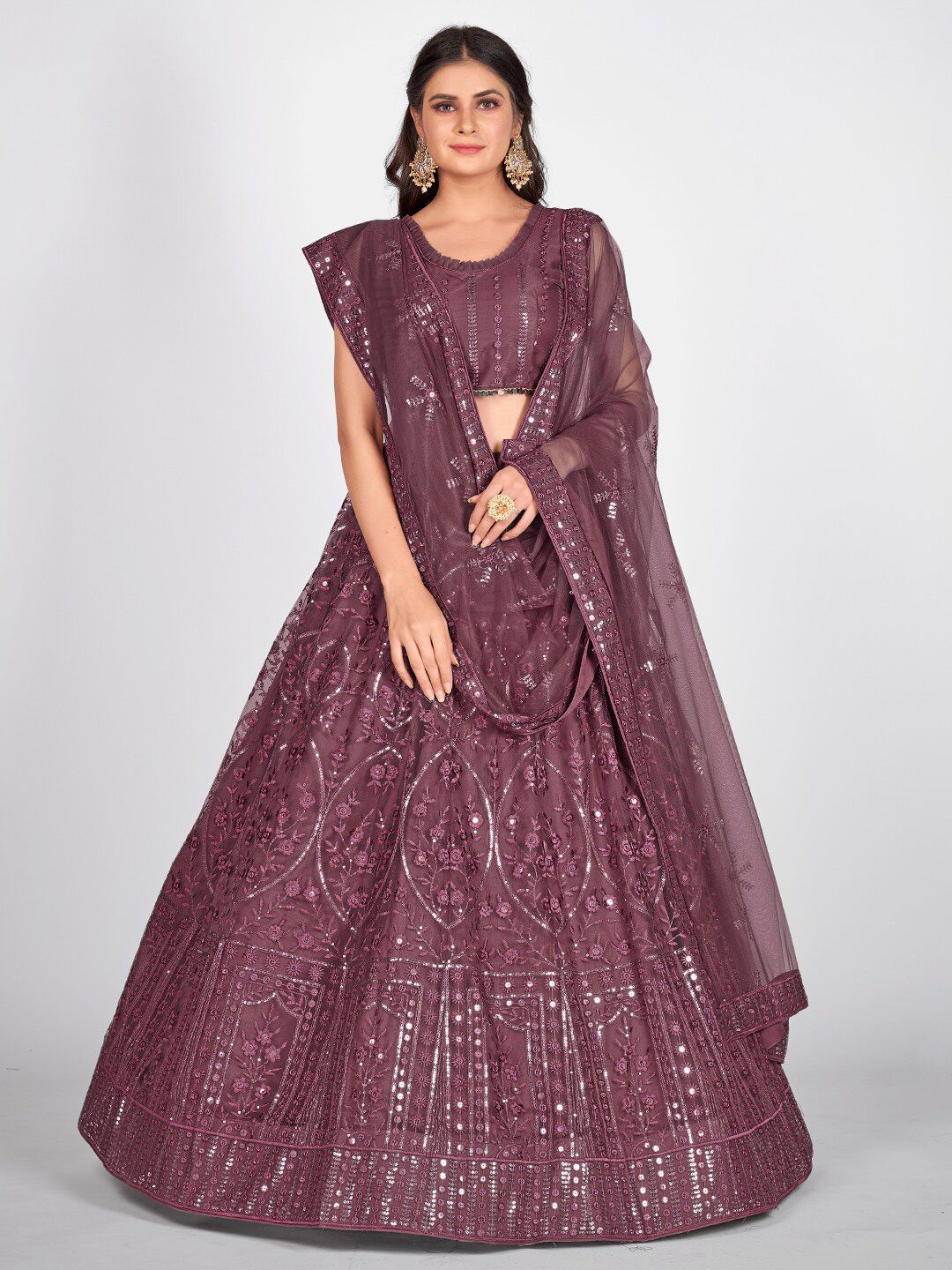 SHOPGARB Burgundy & Steel Semi-Stitched Lehenga & Unstitched Blouse With Dupatta Price in India