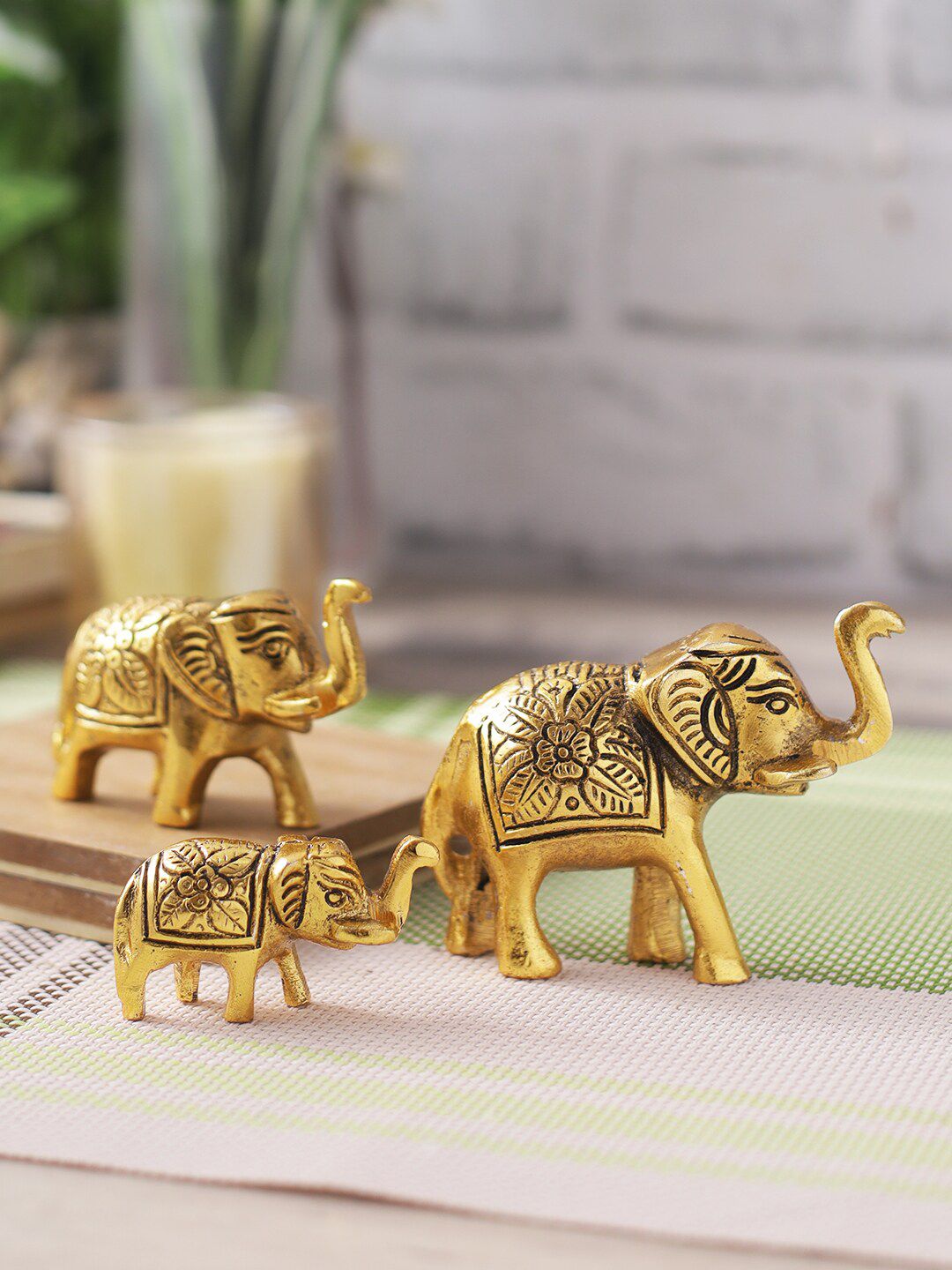 CraftVatika Set Of 3 Gold-Toned Metal Elephant Fengshui Vastu Statue Showpiece Price in India