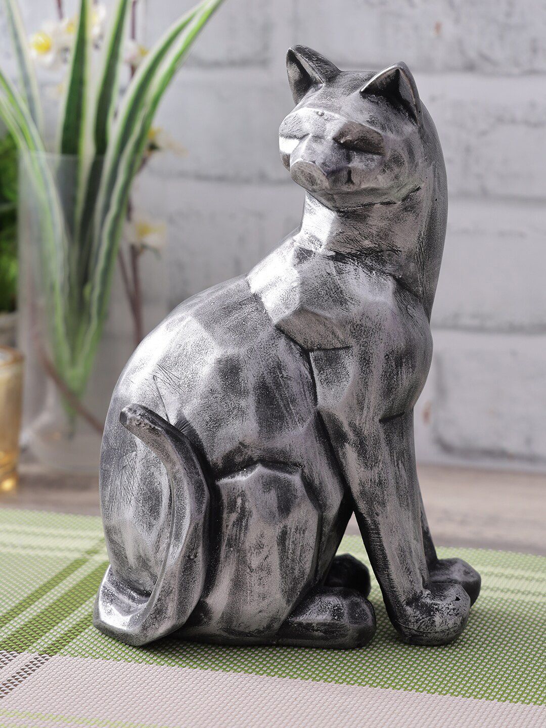 CraftVatika Silver-Toned Textured Cat Statue Showpiece Price in India