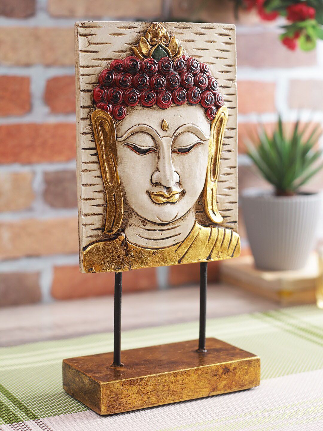 CraftVatika Off-White & Gold-Toned Polyresin Handcrafted Buddha Face Showpiece Price in India