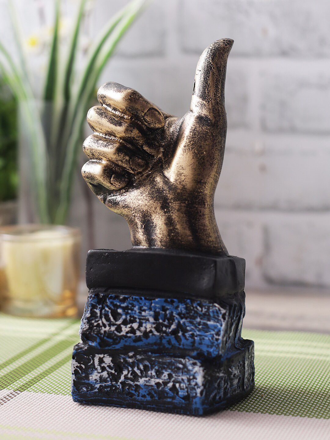 CraftVatika Gold-Toned & Blue Polyresin Thumbs Up Sign Gesture Showpiece Price in India