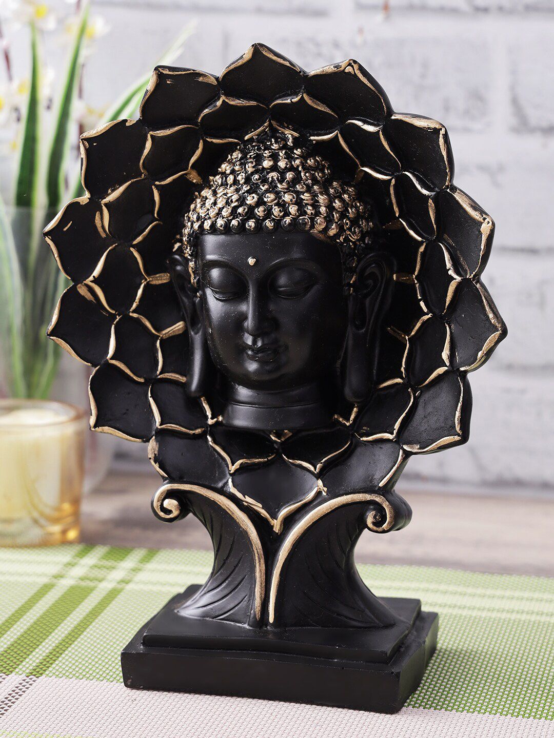 CraftVatika Black & Copper-Toned Buddha Head On Tree Idol Polyresin Statue Showpiece Price in India