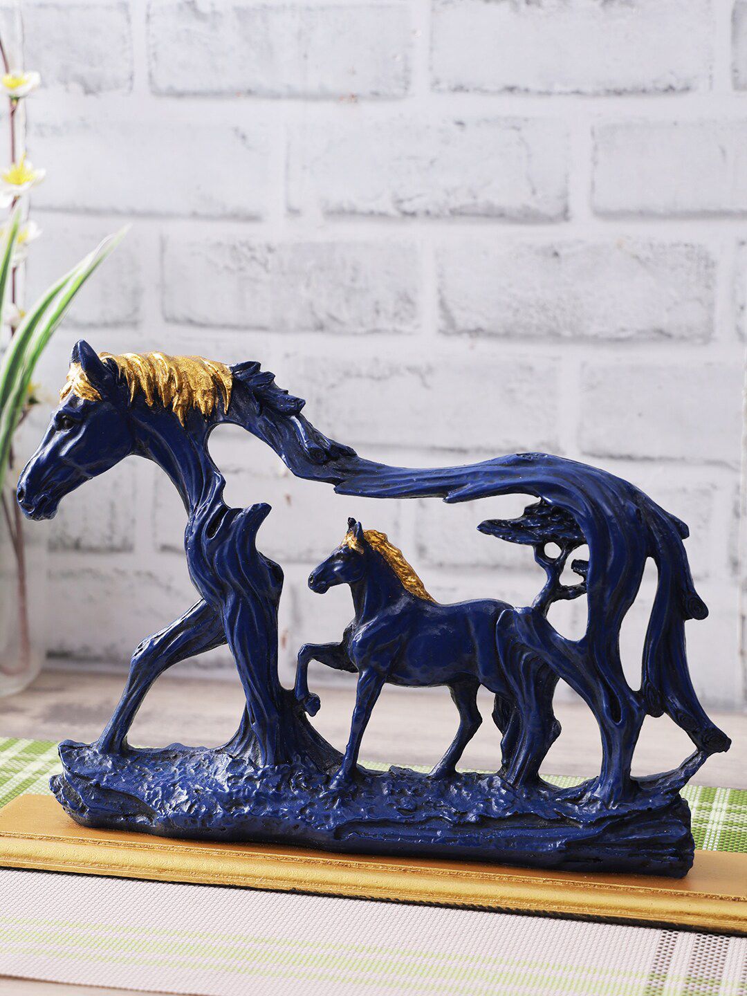 CraftVatika Blue & Gold-Toned Textured Horse Statue Showpiece Price in India