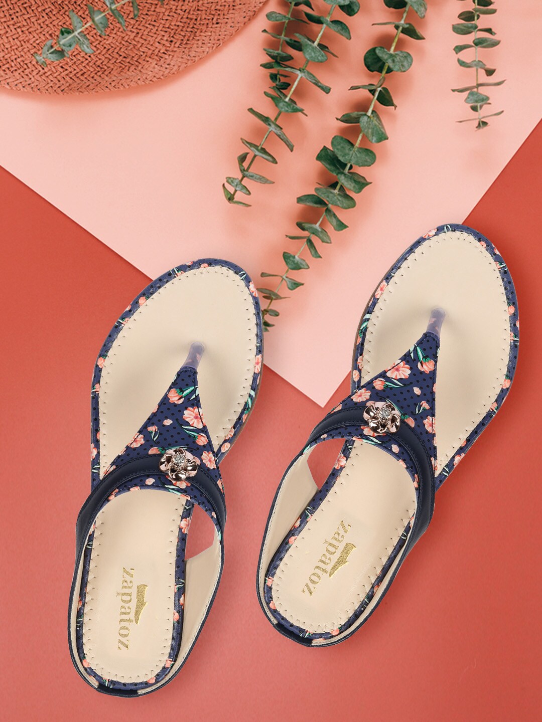ZAPATOZ Women Blue Floral Printed T-Strap Flats Price in India