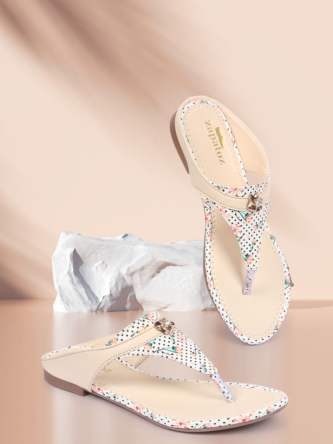 ZAPATOZ Women White Floral & Polka Printed T-Strap Flats Price in India