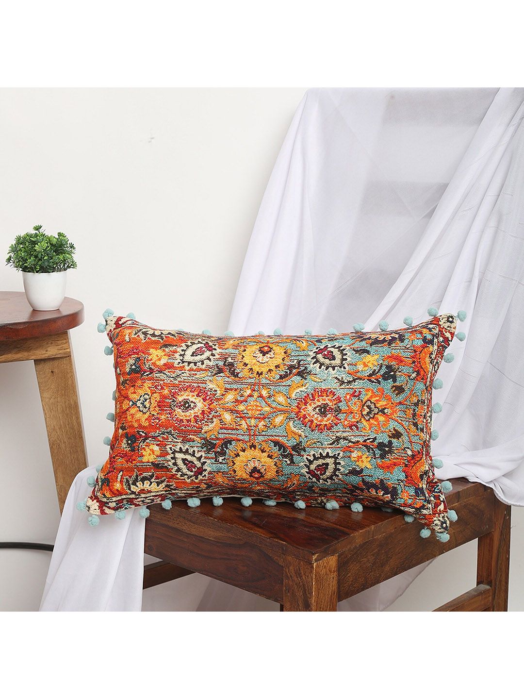 BLANC9 Orange & Turquoise Blue Bakhtiari Printed Cushion Price in India