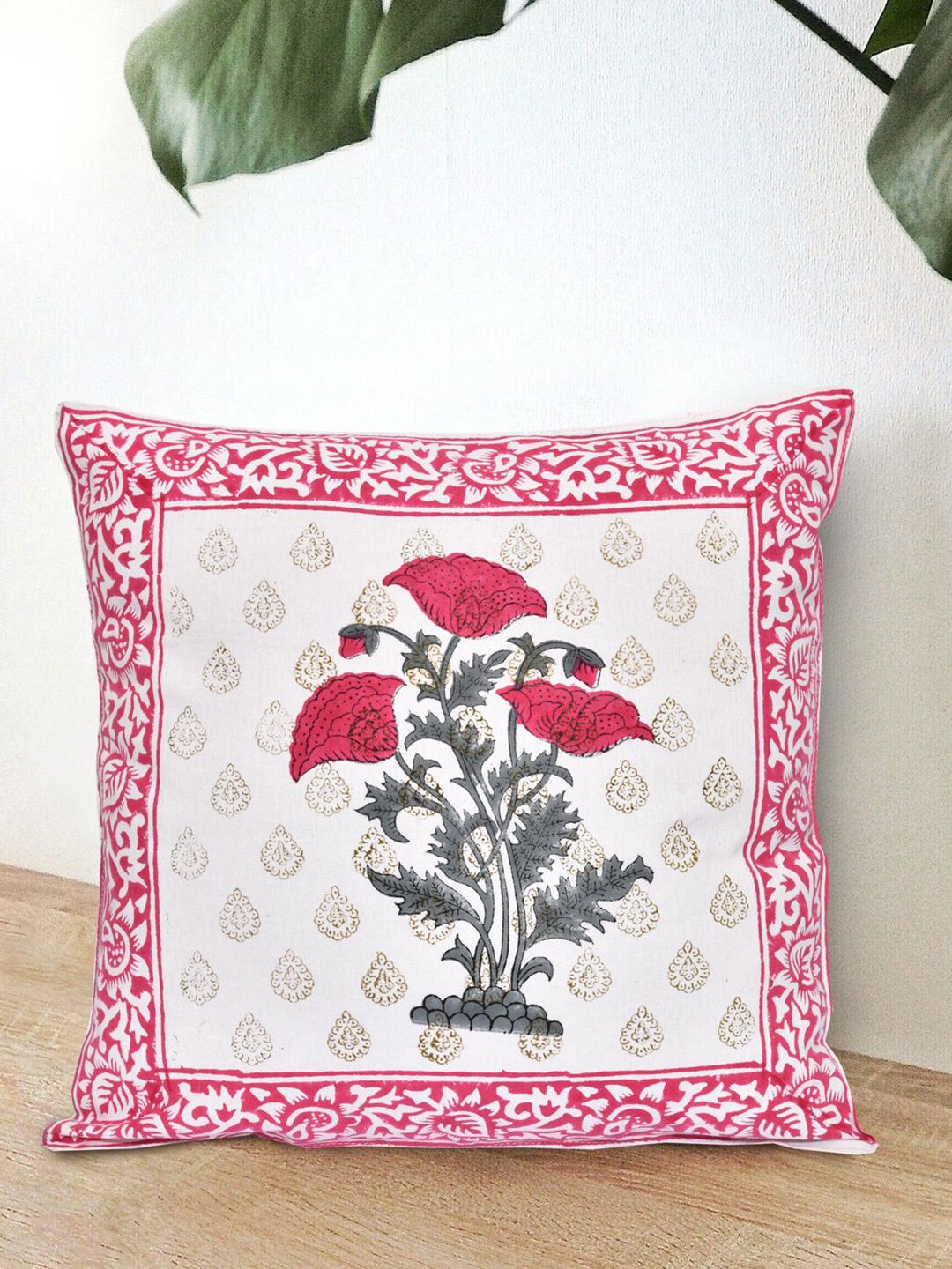 Gulaab Jaipur Pink & White Set of 5 Floral Square Cushion Covers Price in India