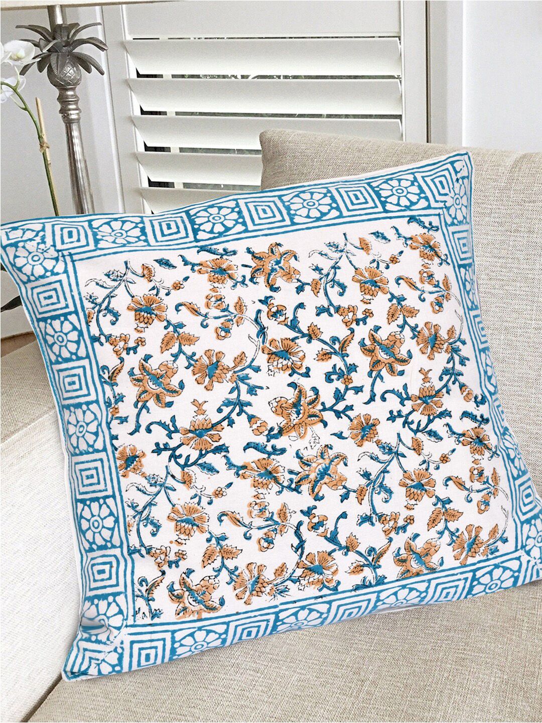 Gulaab Jaipur White & Brown Set of 5 Floral Square Cushion Covers Price in India