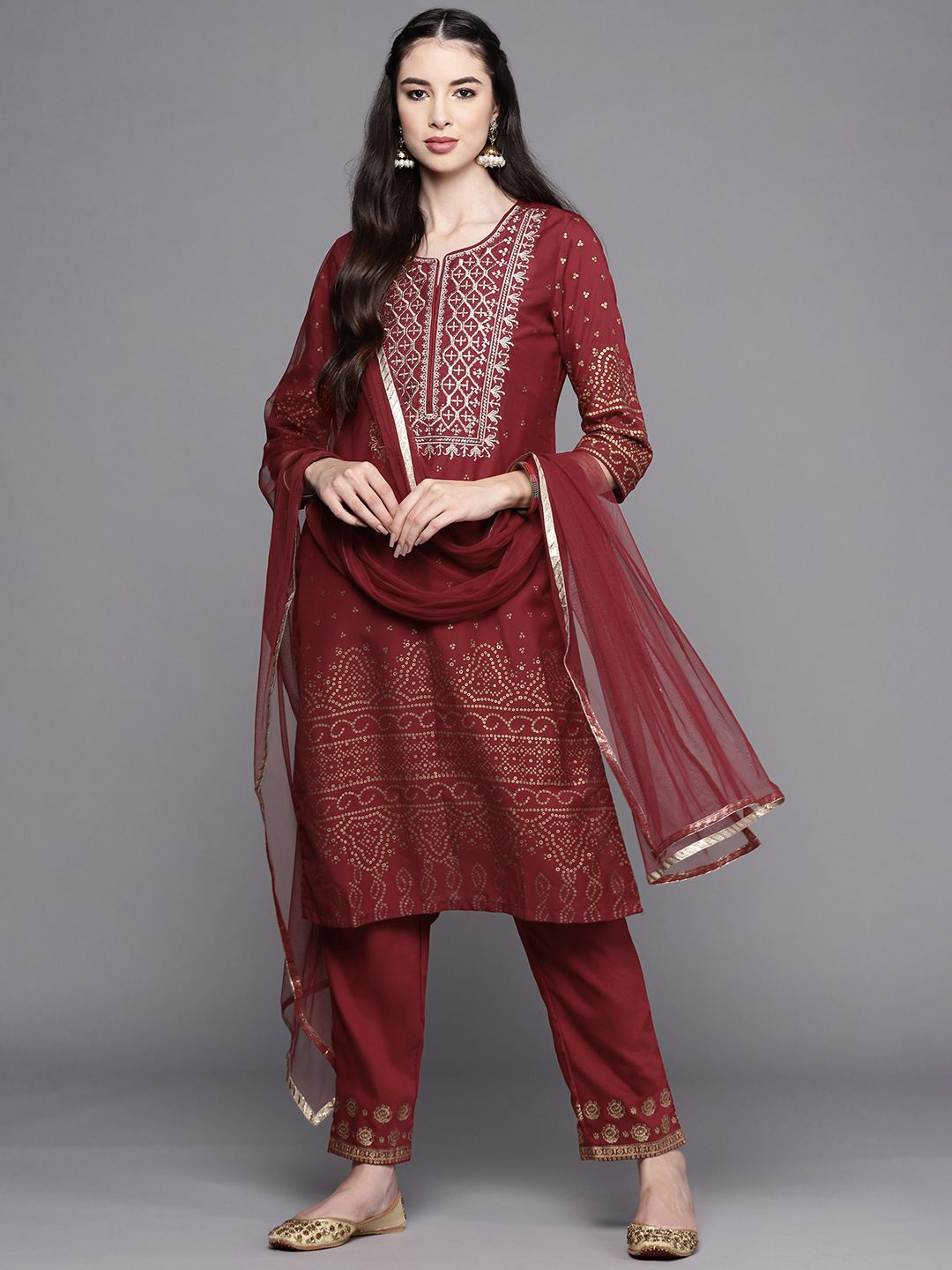 Biba Women Maroon & Golden Ethnic Yoke Design Regular Kurta with Trousers & Dupatta Price in India