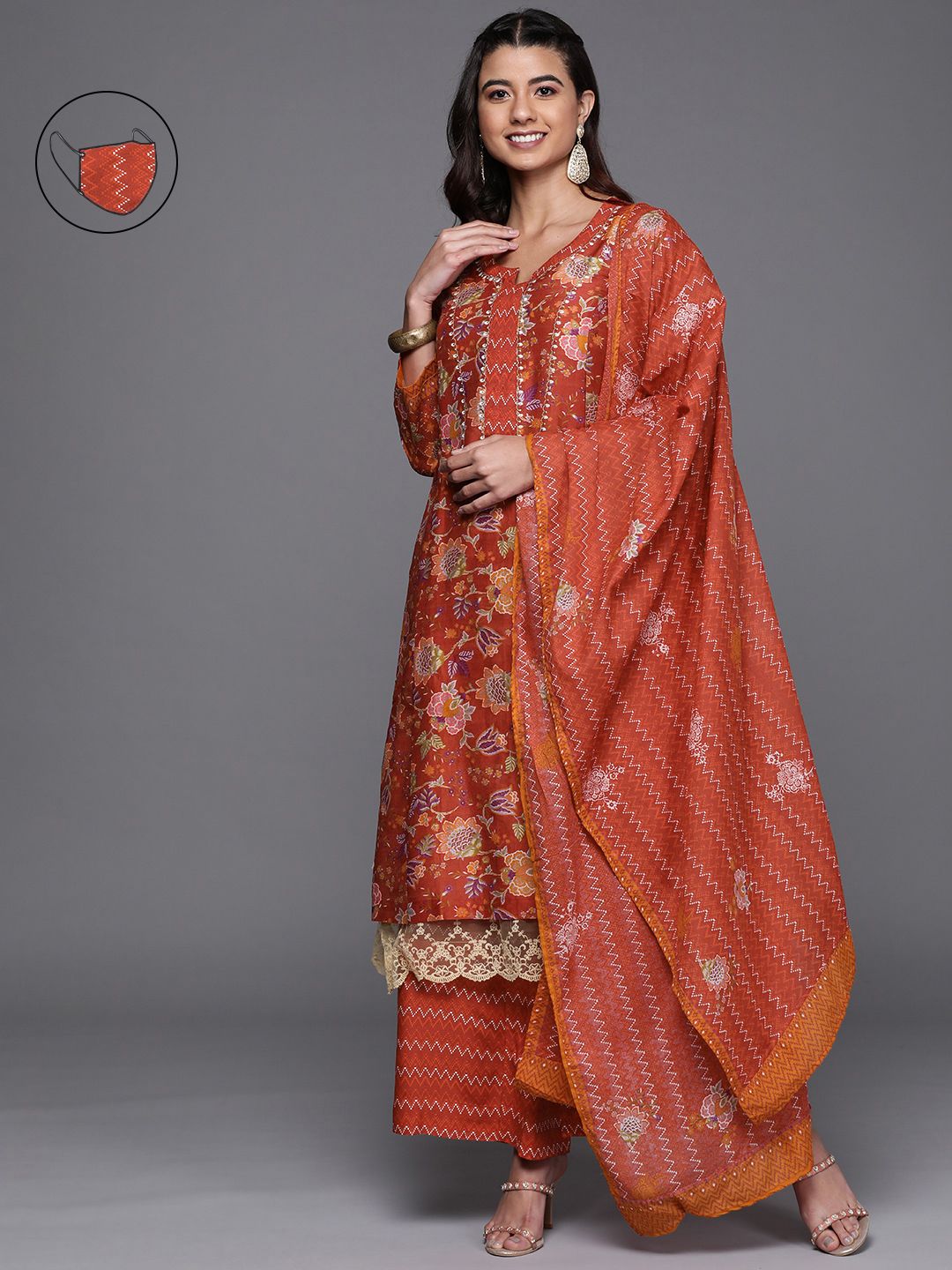 Biba Women Red Floral Printed Regular Chanderi Silk Kurta with Palazzos & With Dupatta Price in India