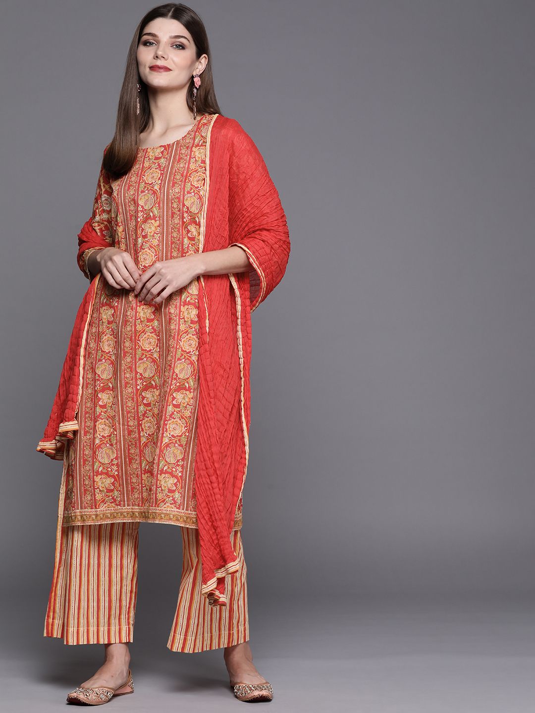 Biba Women Red Floral Printed Regular Pure Cotton Kurta with Palazzos & With Dupatta