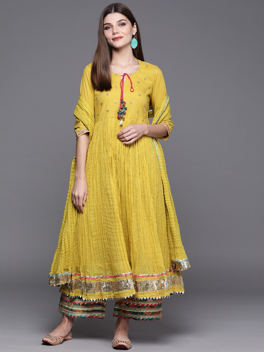Biba Women Yellow Floral Panelled Gotta Patti Pure Cotton Kurta with Palazzos & With Dupatta Price in India