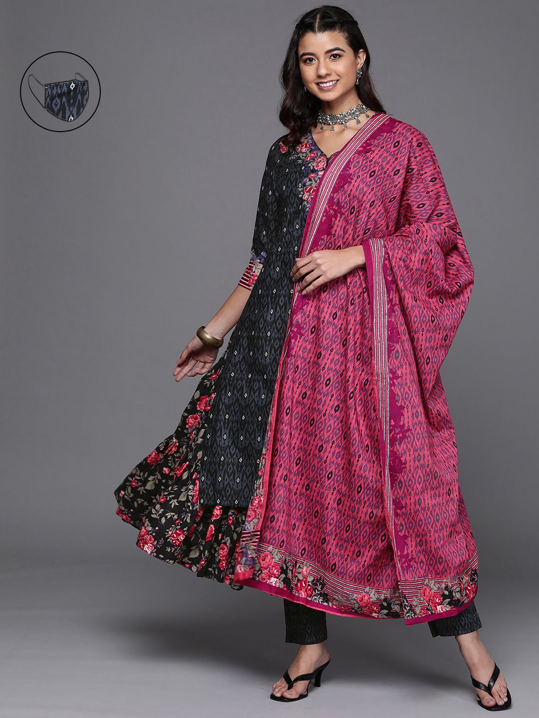 Biba Women Black Floral Printed Panelled Pure Cotton Kurta with Palazzos & With Dupatta