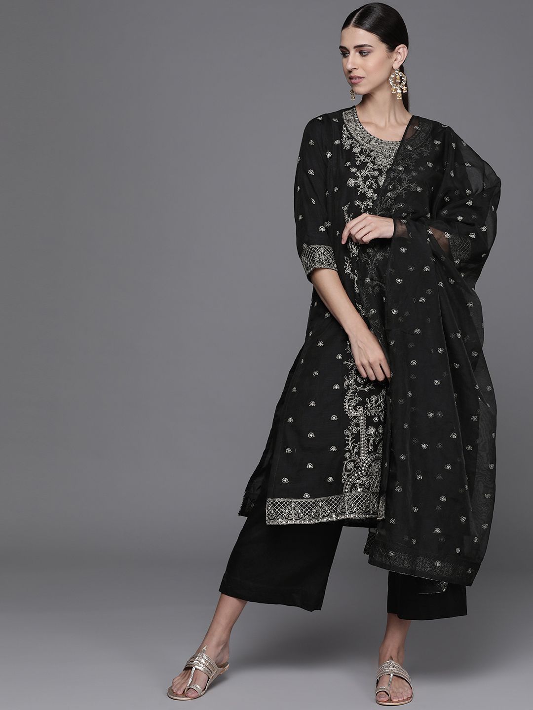 Biba Women Black Regular Sequinned Kurta with Palazzos & With Dupatta Price in India