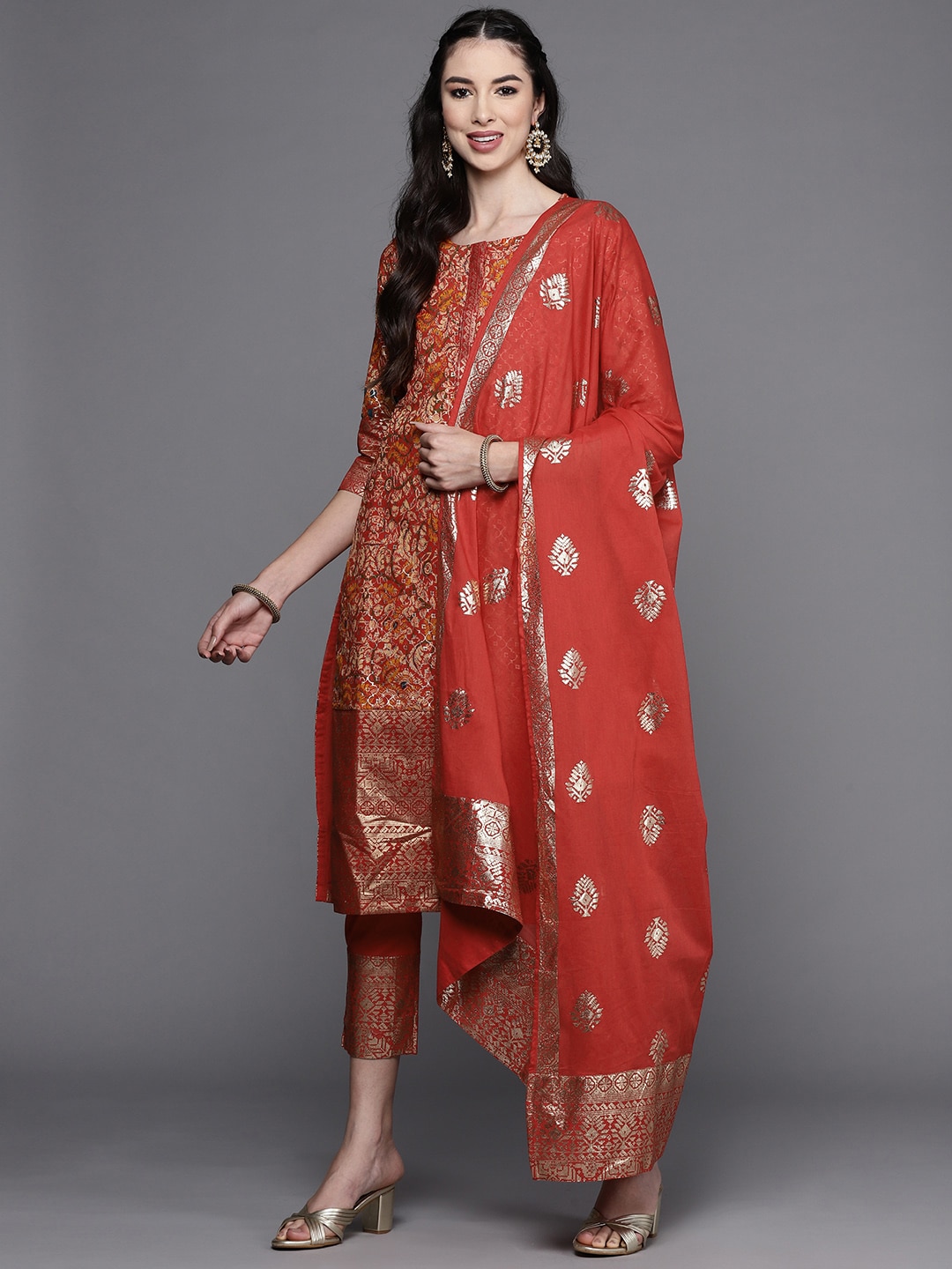Biba Women Red Ethnic Motifs Printed Regular Kurta with Trousers & With Dupatta Price in India