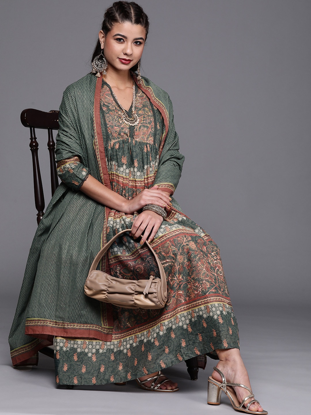Biba Women Green & Beige Motifs Print Cotton Kurta with Trousers & Dupatta Price in India