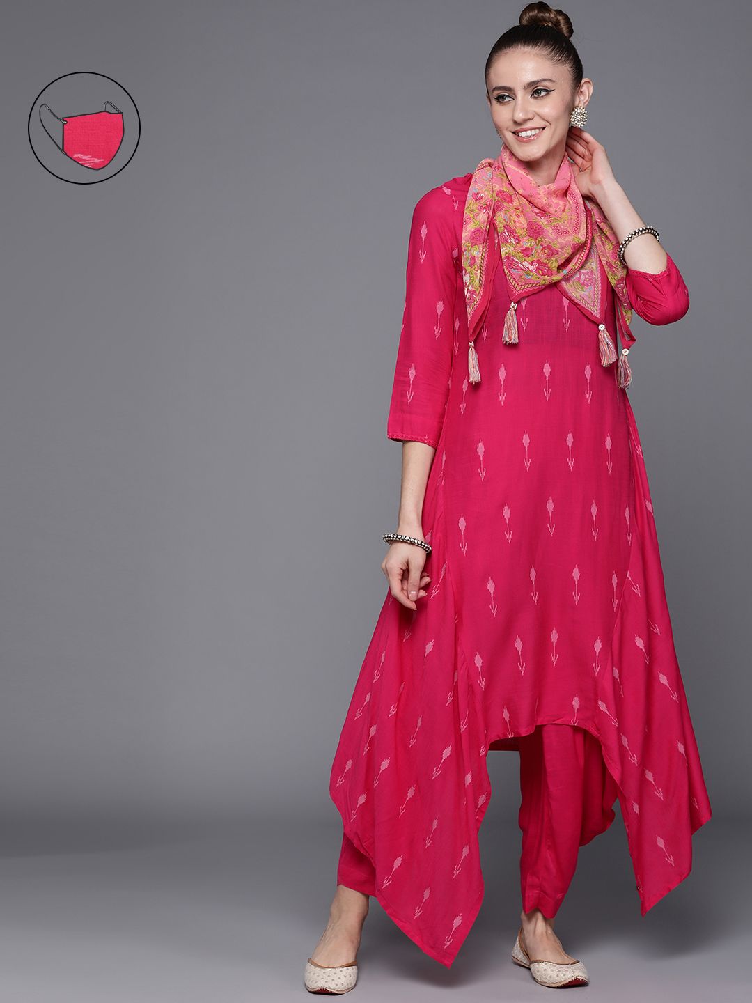 Biba Women Pink Printed Regular Kurta with Salwar & With Dupatta Price in India