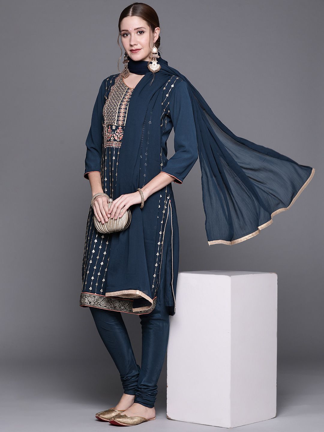 Biba Women Blue Ethnic Motifs Embroidered Kurta & Churidar With Dupatta Price in India