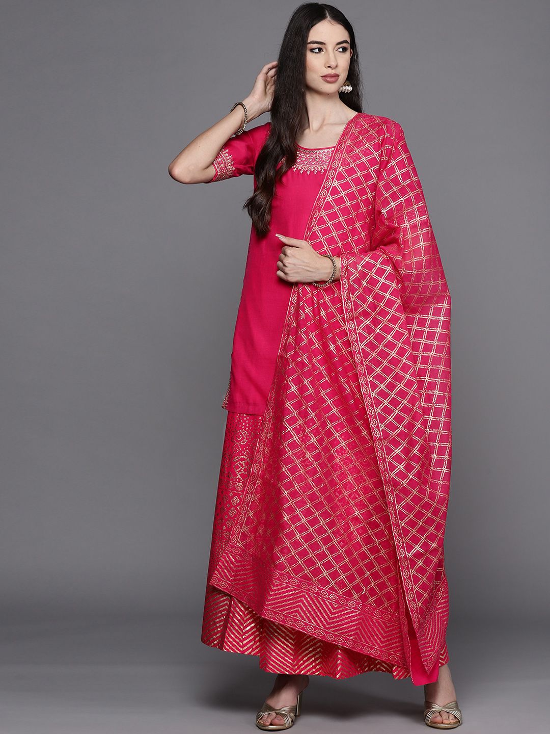 Biba Women Pink & Golden Ethnic Yoke Design Kurti with Palazzos & Dupatta