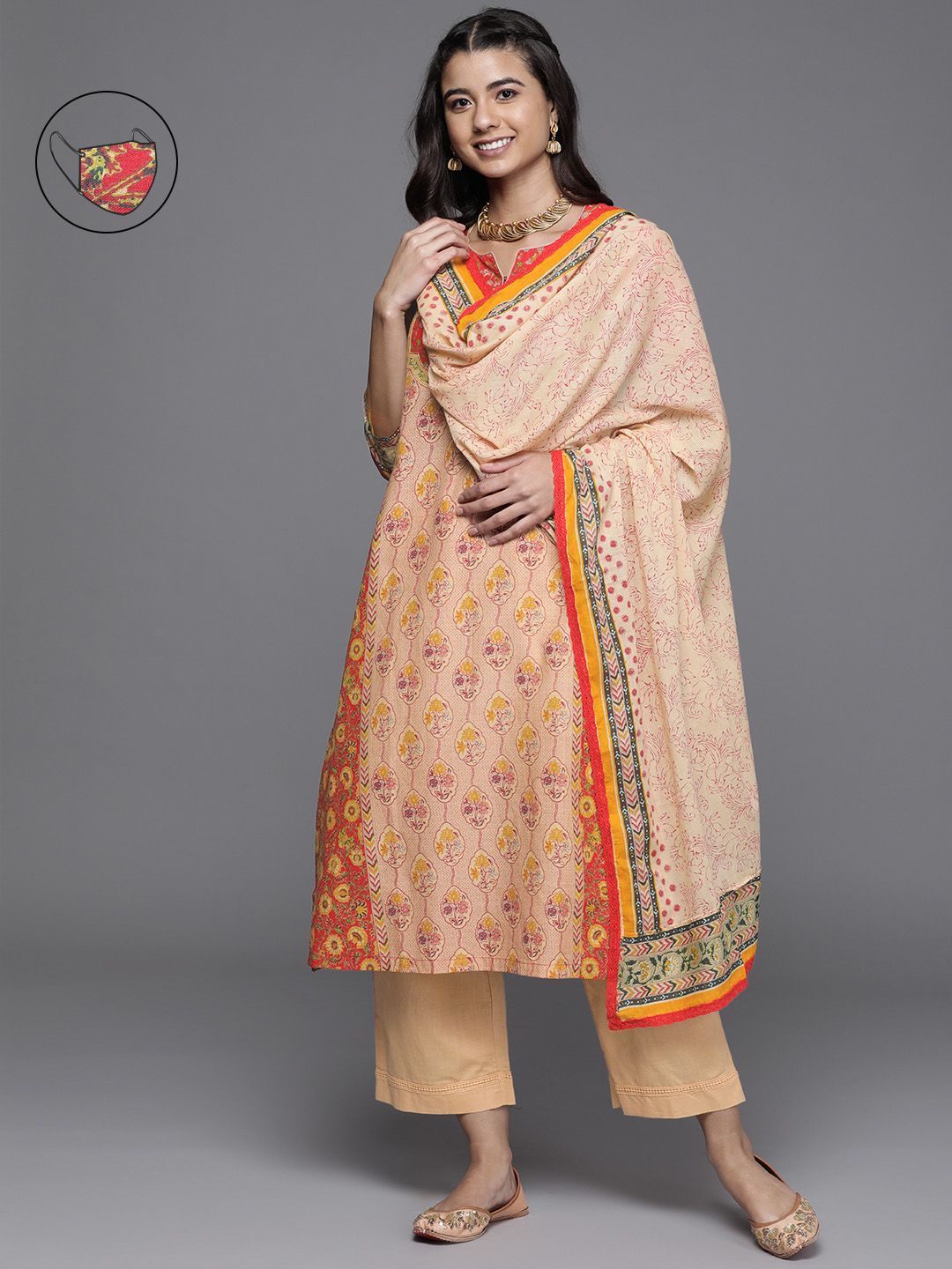 Biba Women Red Floral Printed Regular Pure Cotton Kurta with Palazzos & With Dupatta Price in India