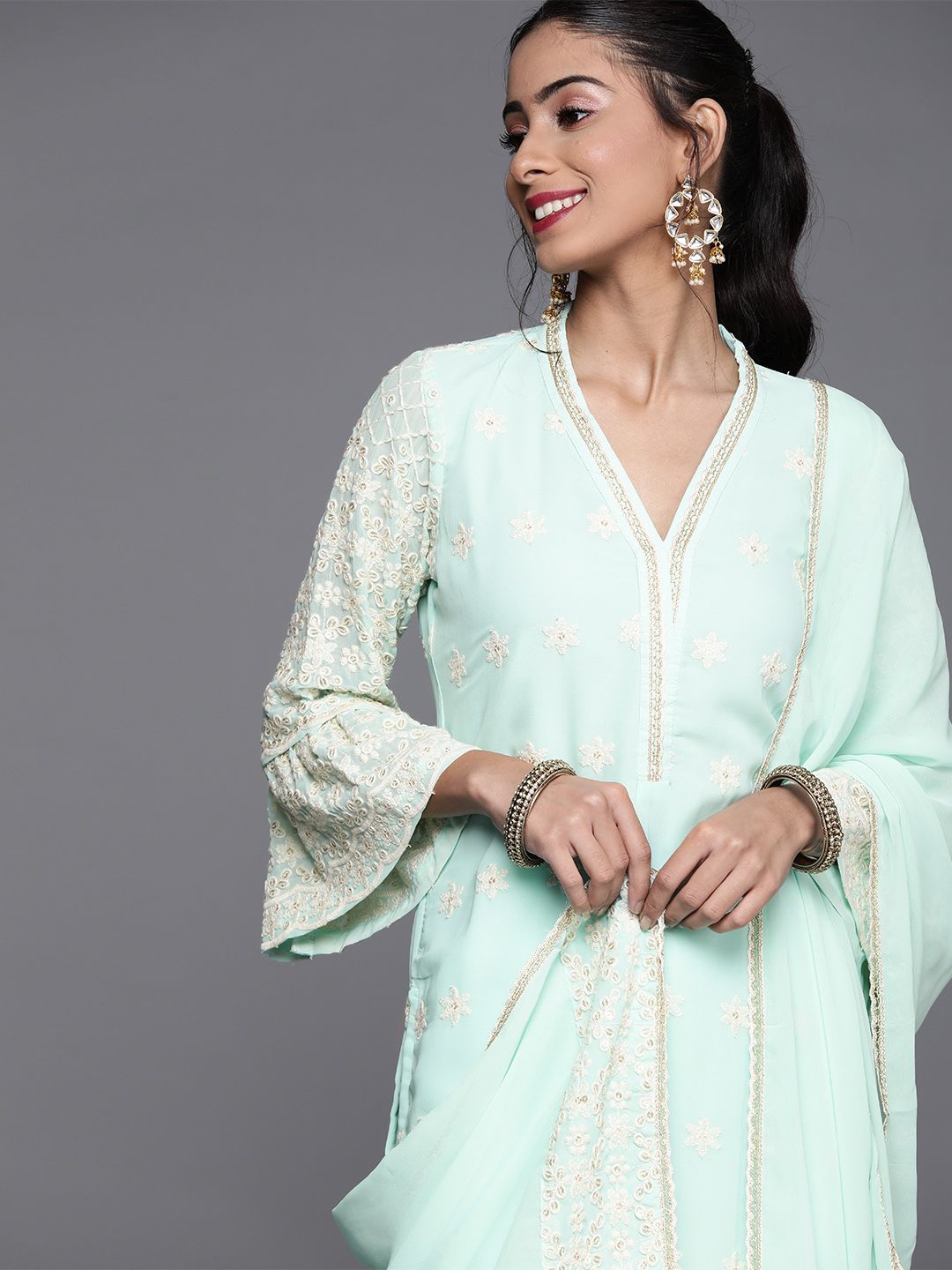 Libas Women Blue Floral Regular Kurta with Palazzos & With Dupatta Price in India