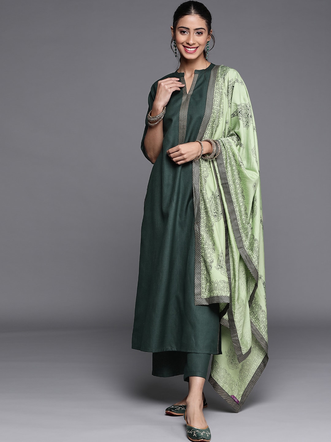 Libas Women Green Regular Pure Cotton Kurta with Palazzos & Dupatta Price in India