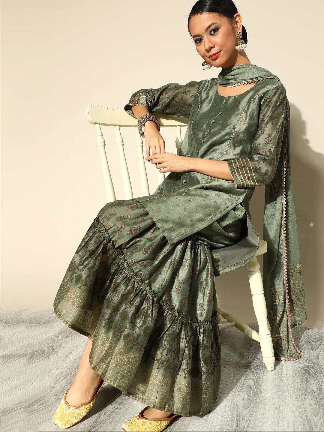 Libas Women Green Printed Regular Chanderi Silk Kurta with Sharara & With Dupatta Price in India