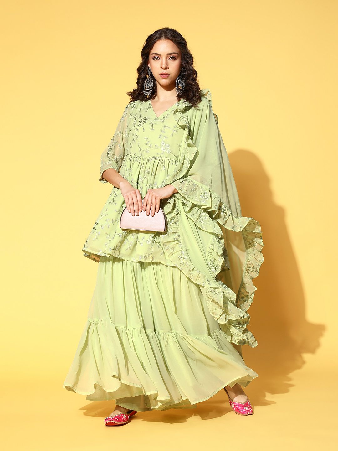 Libas Women Green Floral Embroidered Regular Kurta with Sharara & Dupatta