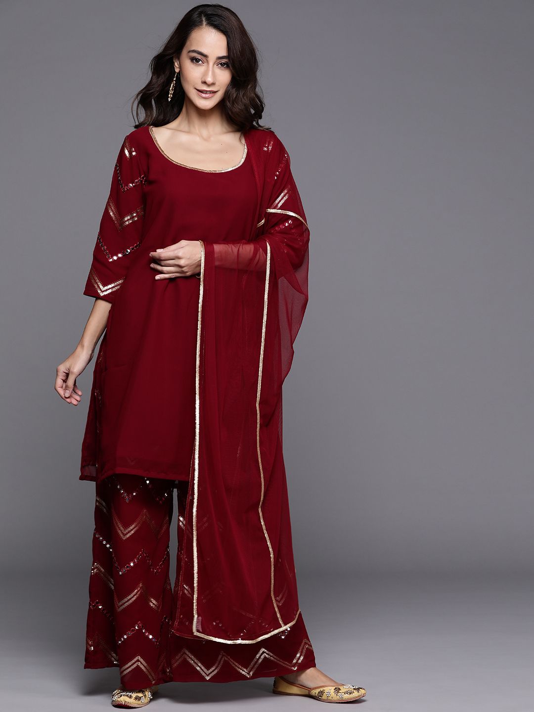 Libas Women Maroon Solid Kurta with Sequinned Palazzos & With Dupatta Price in India