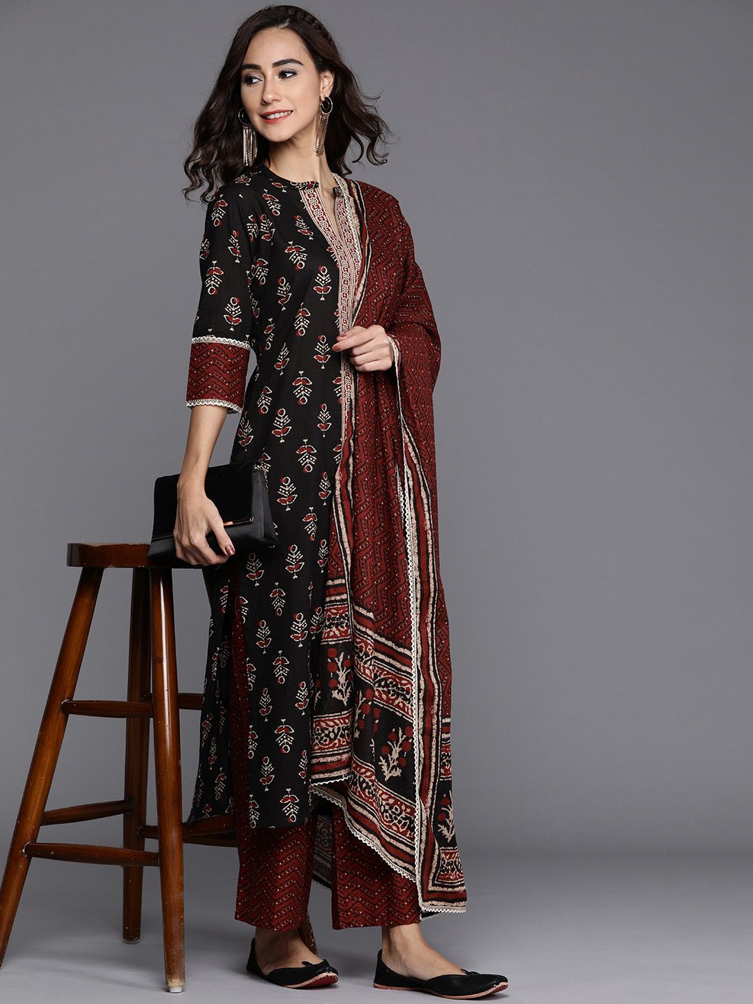 Libas Women Black Pure Cotton Ethnic Motifs Printed Kurta with Palazzos & Dupatta Price in India