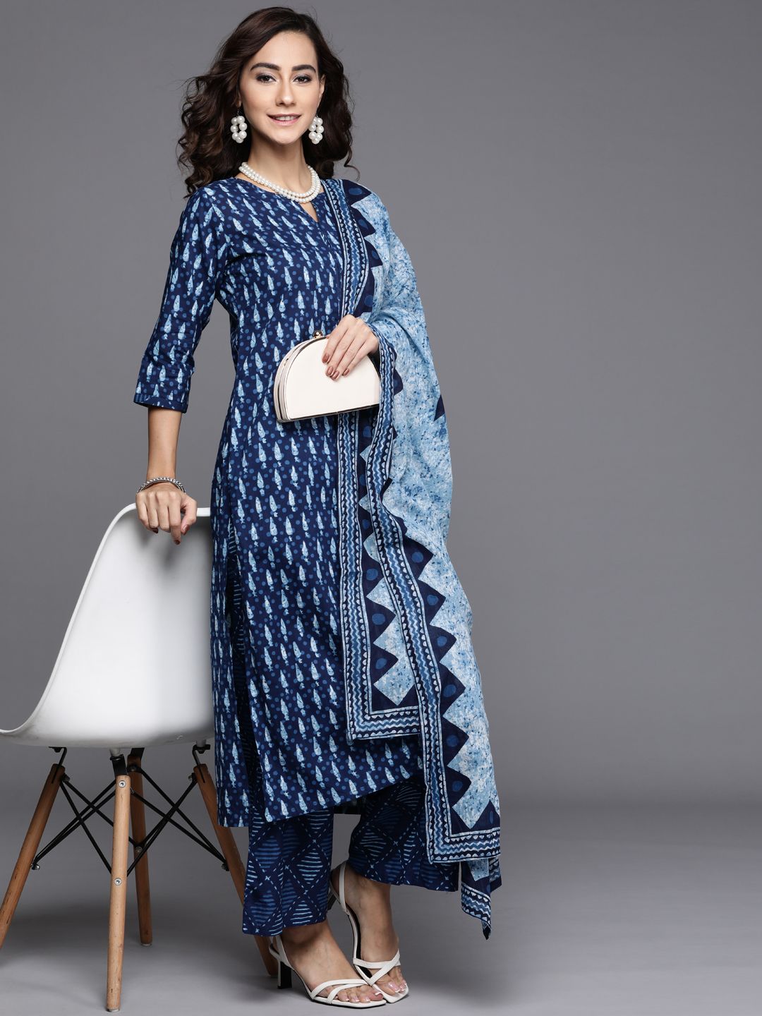 Libas Women Blue Printed Pure Cotton Kurta with Palazzos & Dupatta Price in India