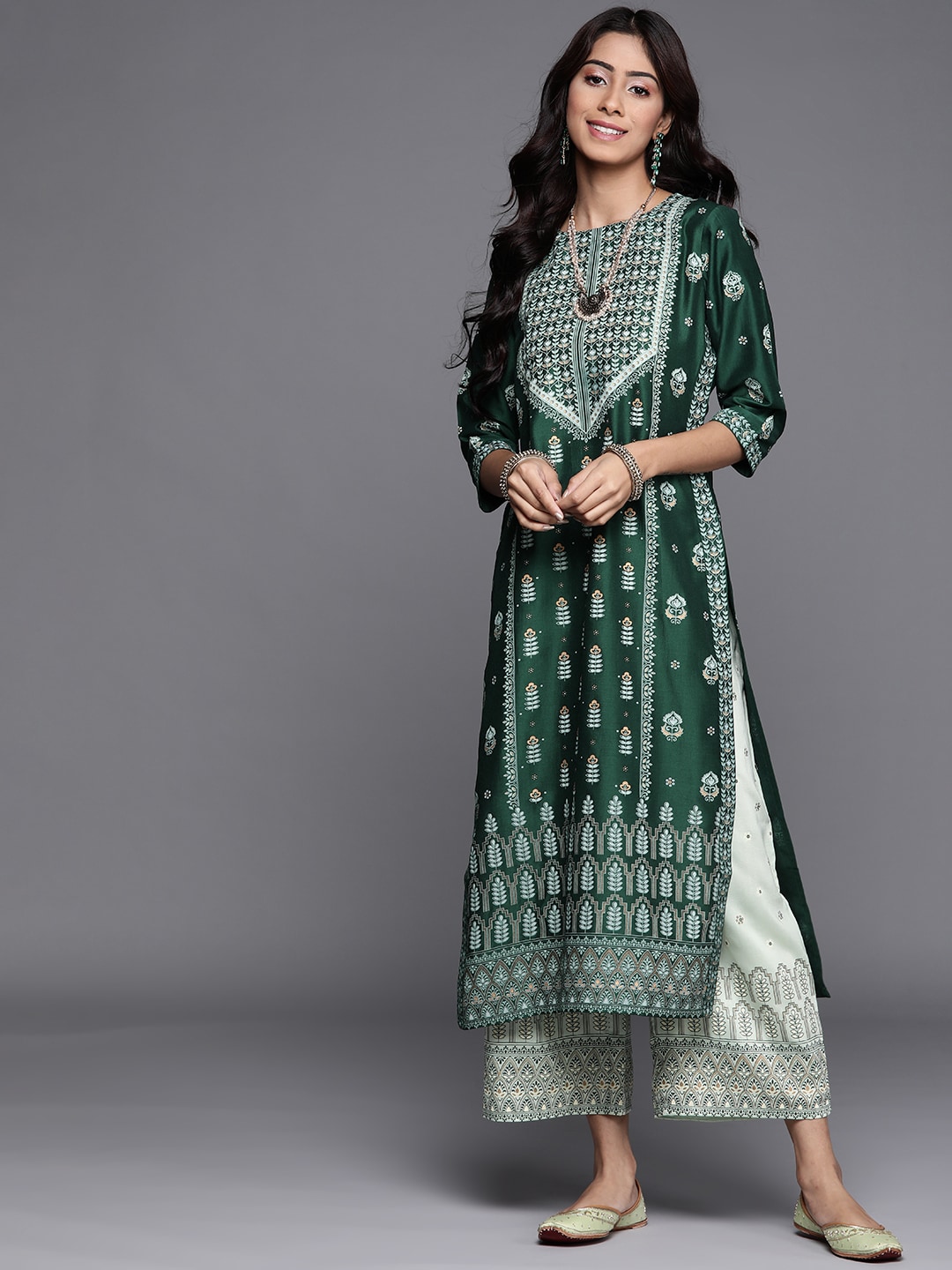 Libas Women Green & White Ethnic Motifs Printed Chanderi Silk Chanderi Silk Kurta Price in India