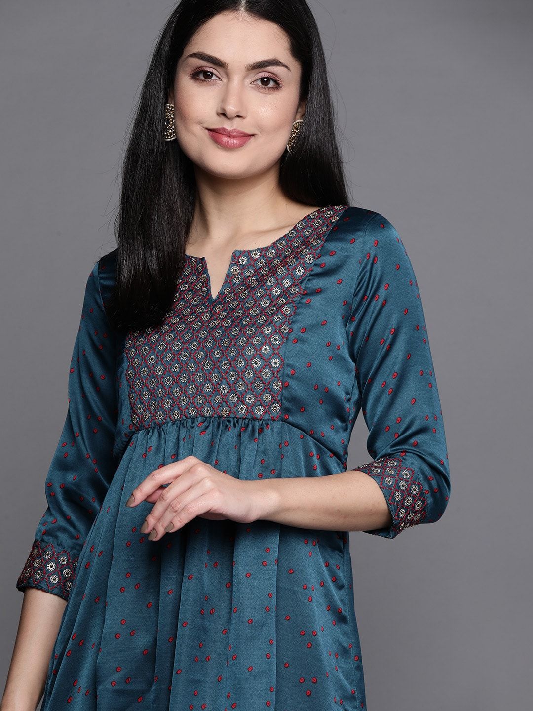 Biba Women Teal Geometric Embellished Kurta