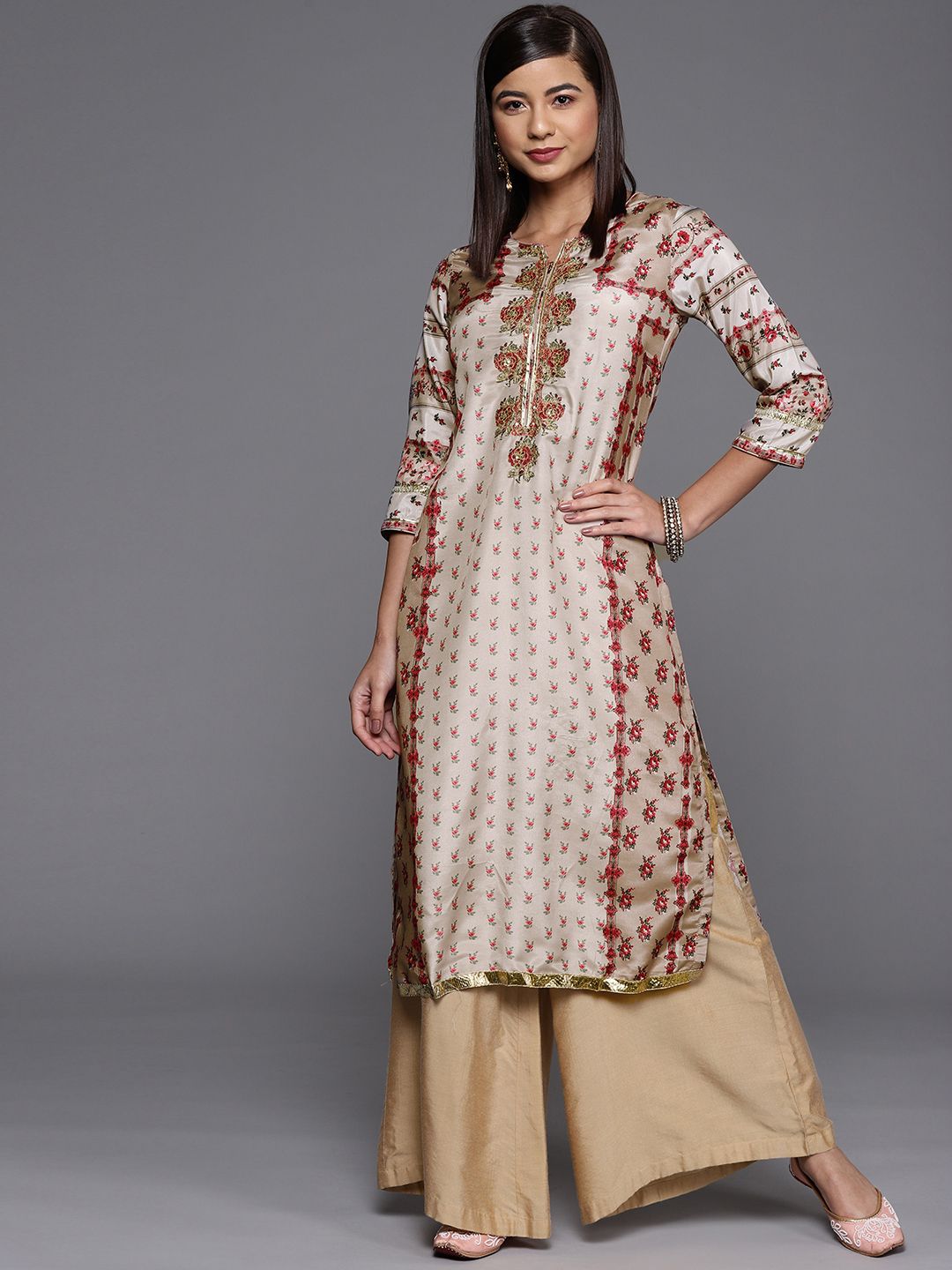 Biba Women Grey & Red Floral Printed Extended Sleeves Kurta Price in India