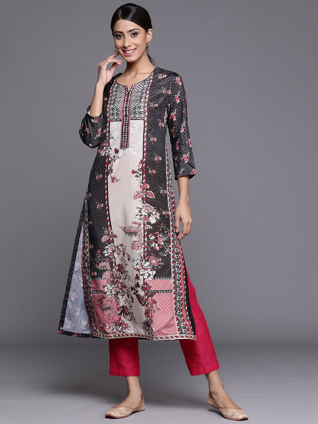 Biba Women Black & Red Ethnic Motifs Printed Kurta Price in India