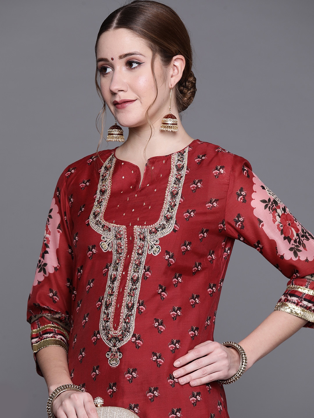 Biba Women Red & Black Ethnic Motifs Woven Design Gotta Patti Winter Kurta Price in India