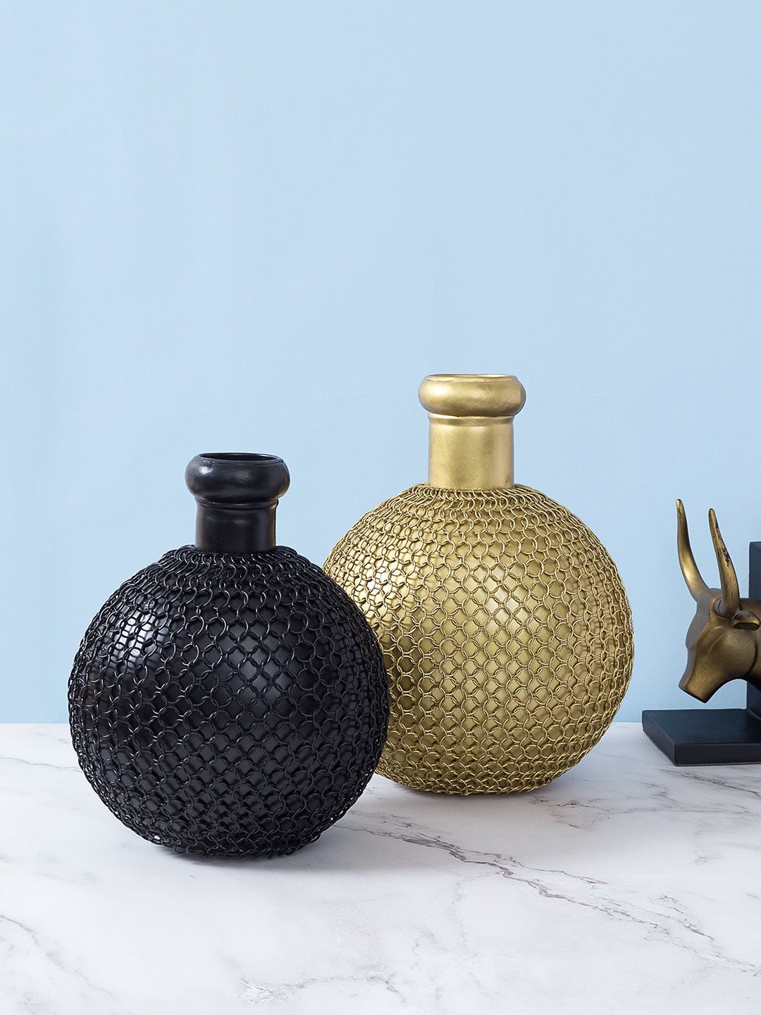 Golden Peacock Gold-Toned & Black Set Of 2 Woven Design Vase Price in India
