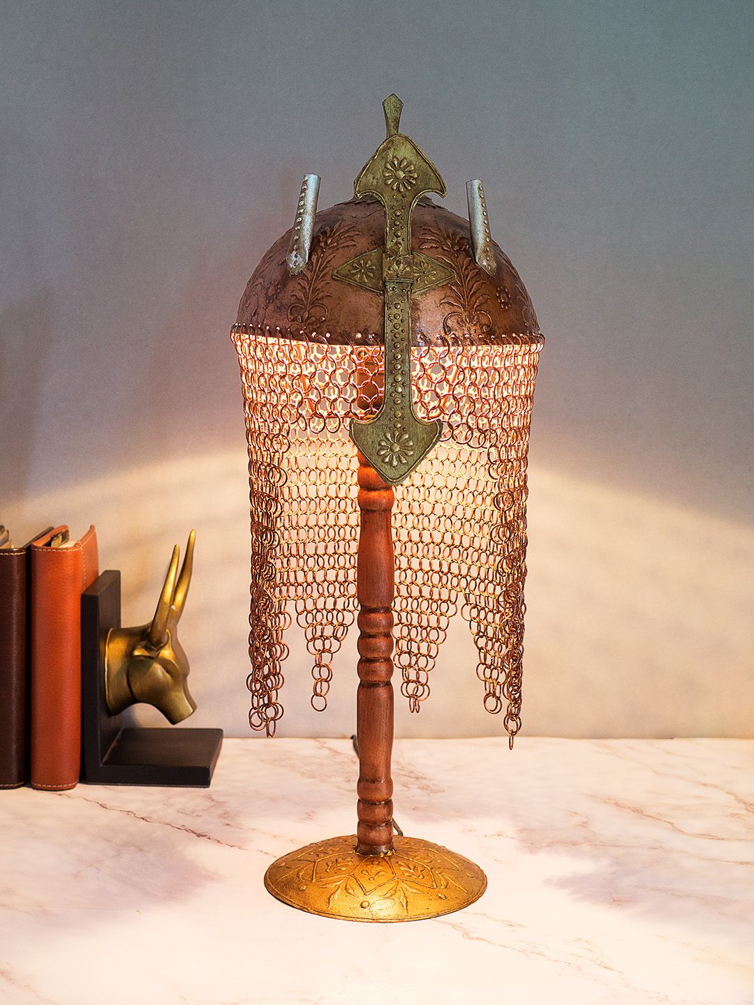 Golden Peacock Brown & Gold-Toned Indo-Persian Vintage Design Lamp Price in India