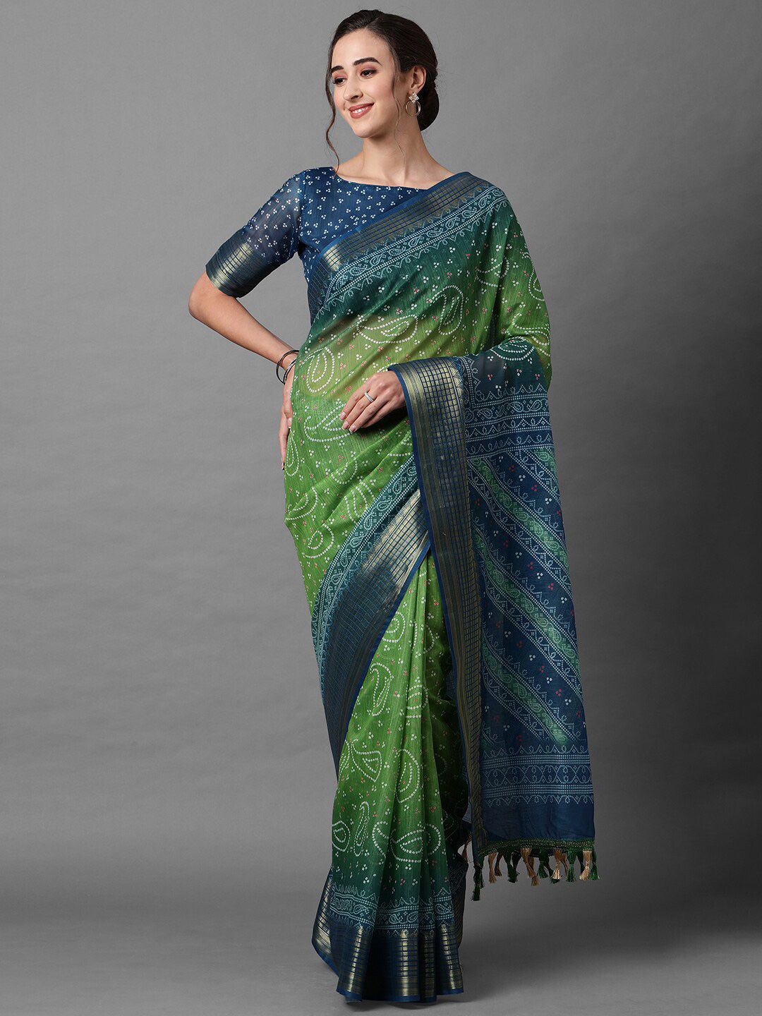 Mitera Green & Blue Bandhani Zari Linen Blend Bandhani Saree Price in India