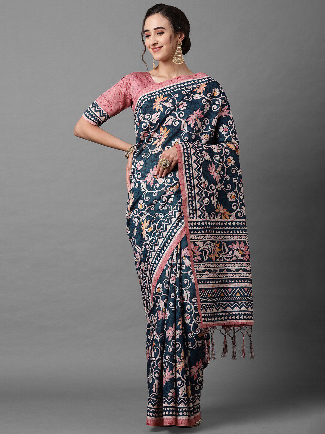 Mitera Teal & Beige Floral Silk Blend Saree Price in India