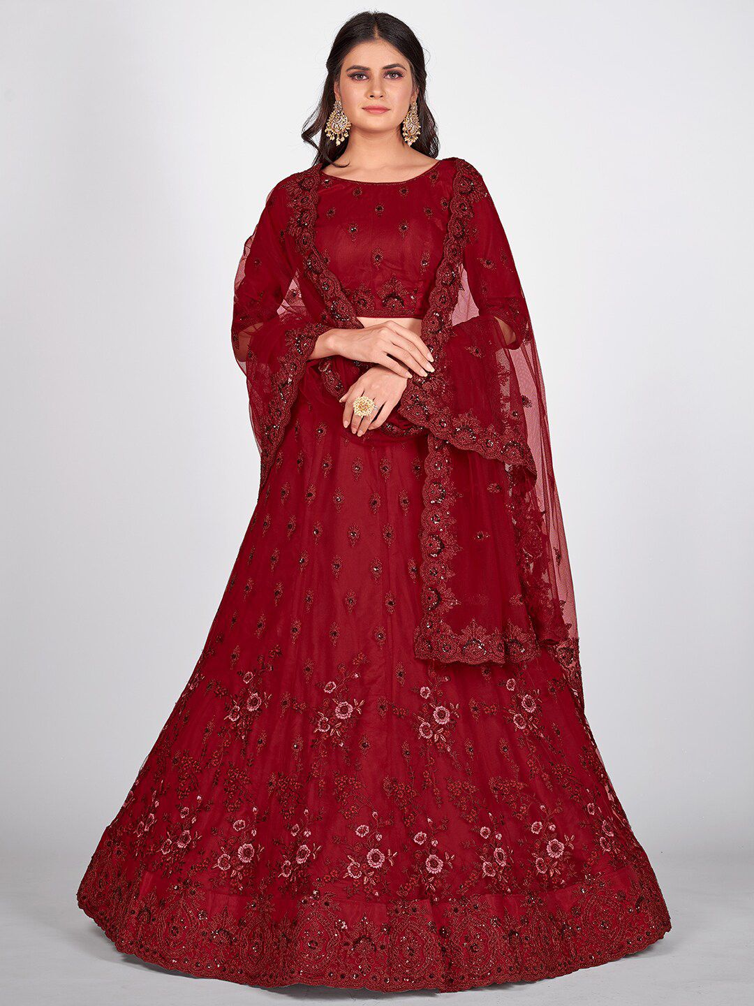 SHOPGARB Maroon Embroidered Sequinned Unstitched Lehenga & Blouse With Dupatta Price in India