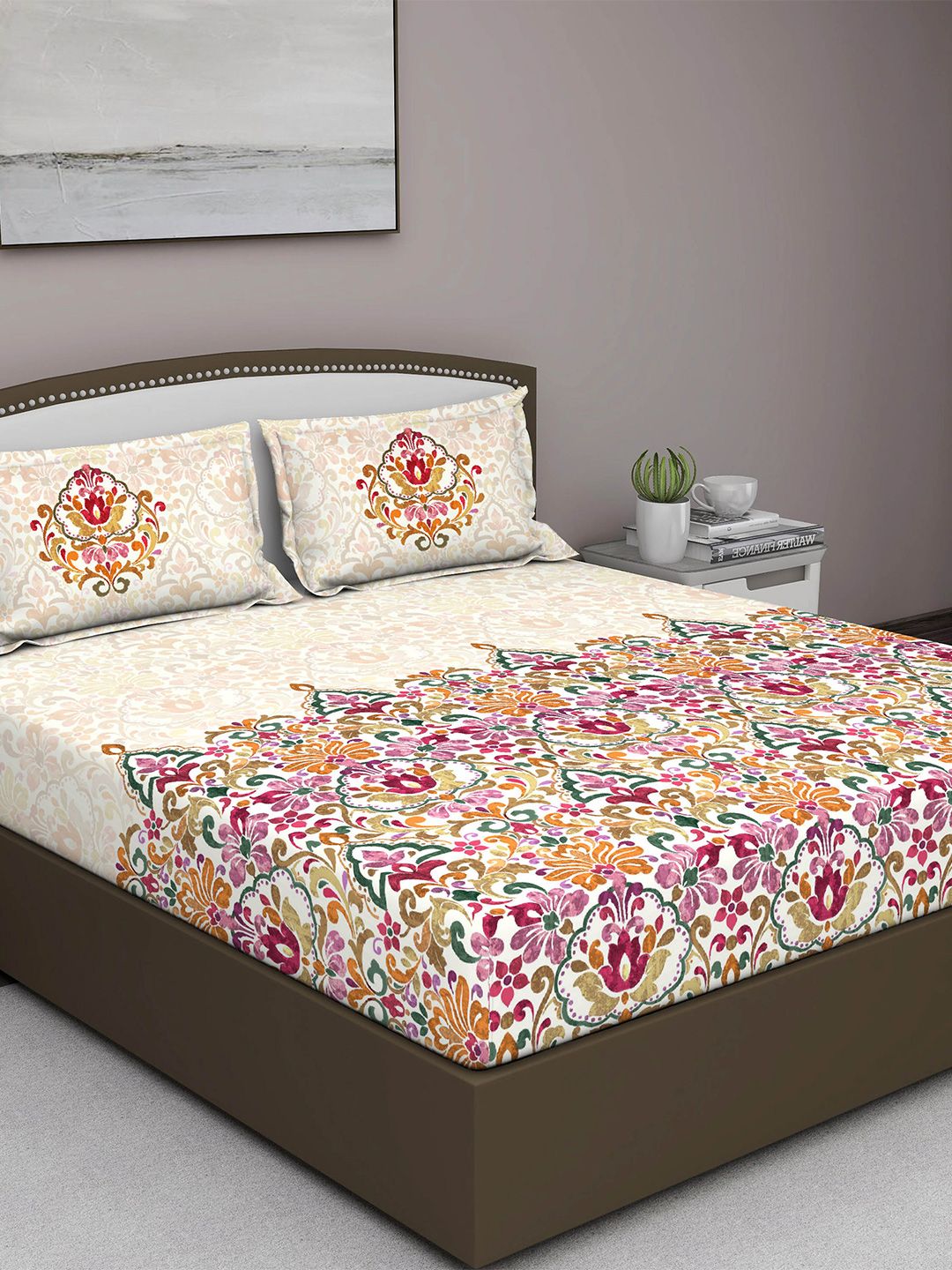 GM Pink & Orange Ethnic Motifs 180 TC King Bedsheet with 2 Pillow Covers Price in India