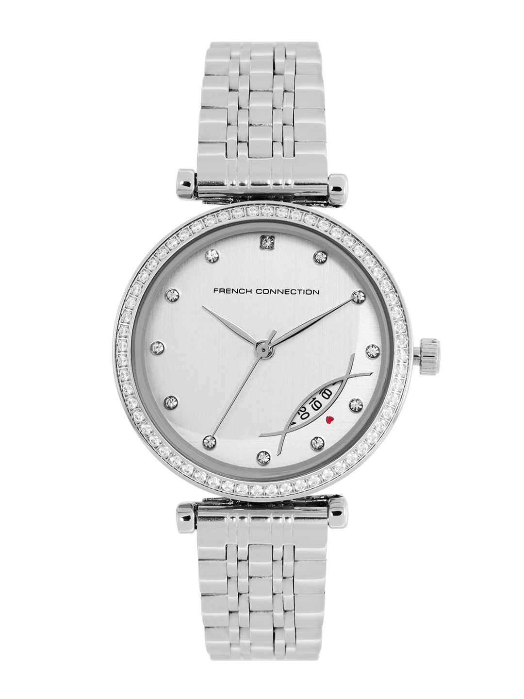 French Connection Women Silver-Toned Embellished Dial & Silver Toned Straps Watch FCP26SM Price in India