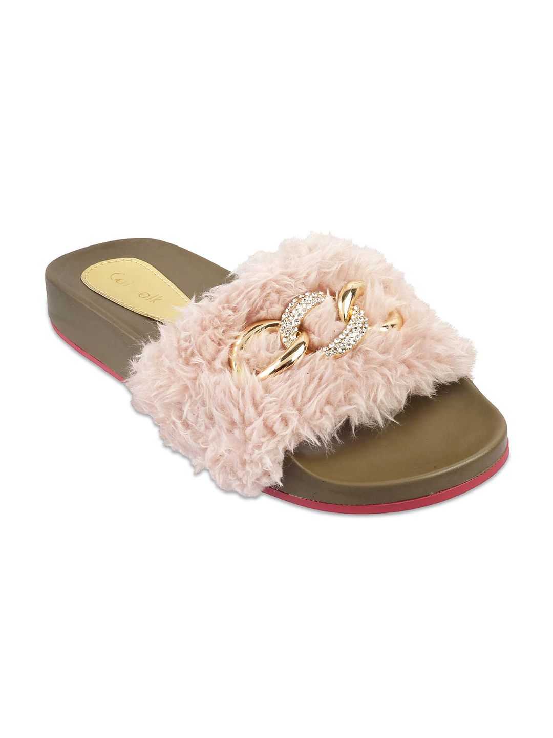 Catwalk Women Pink Faux Fur Embellished Open Toe Flats Price in India