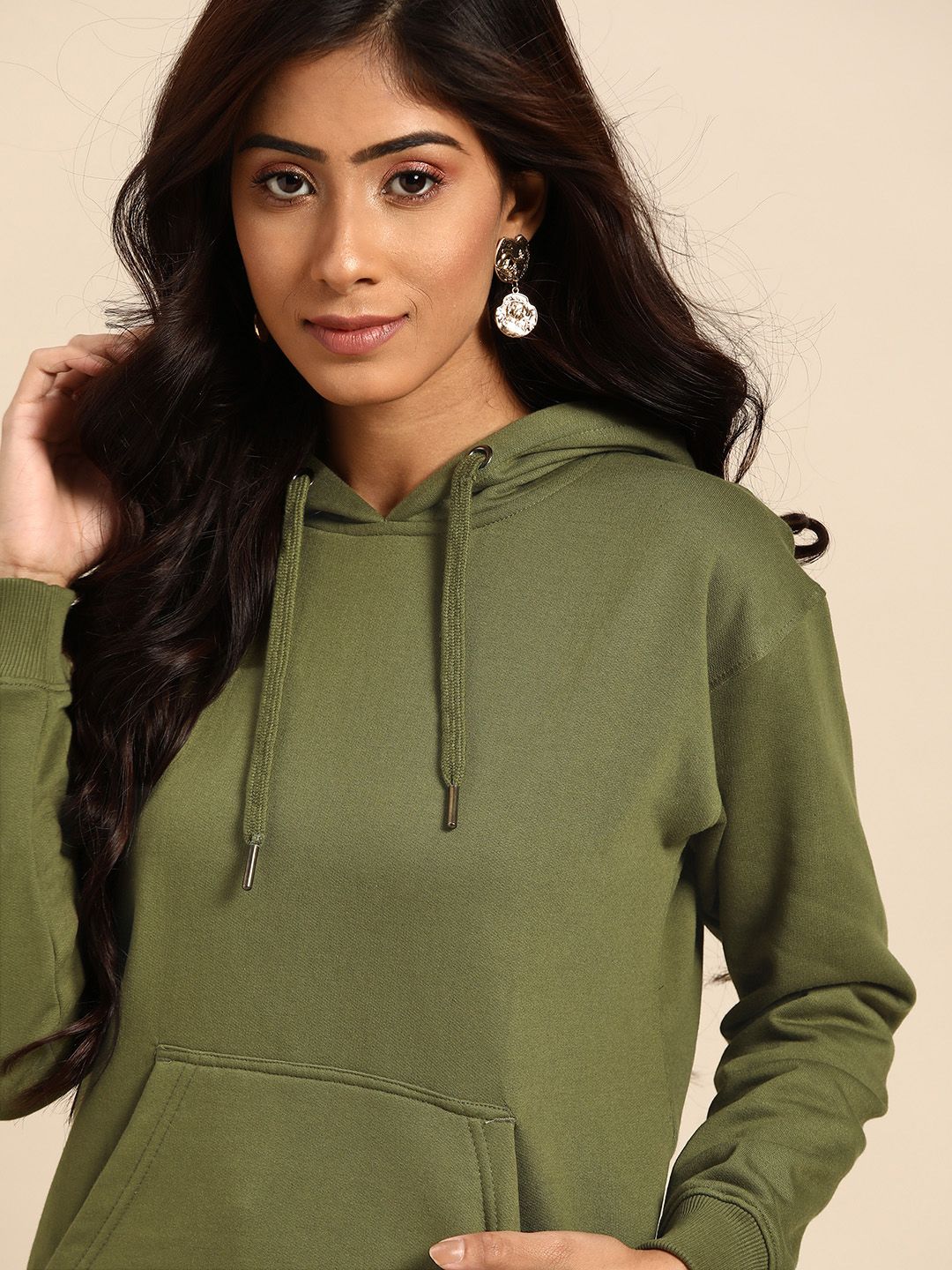 all about you Women Olive Green Solid Hooded Sweatshirt Price in India