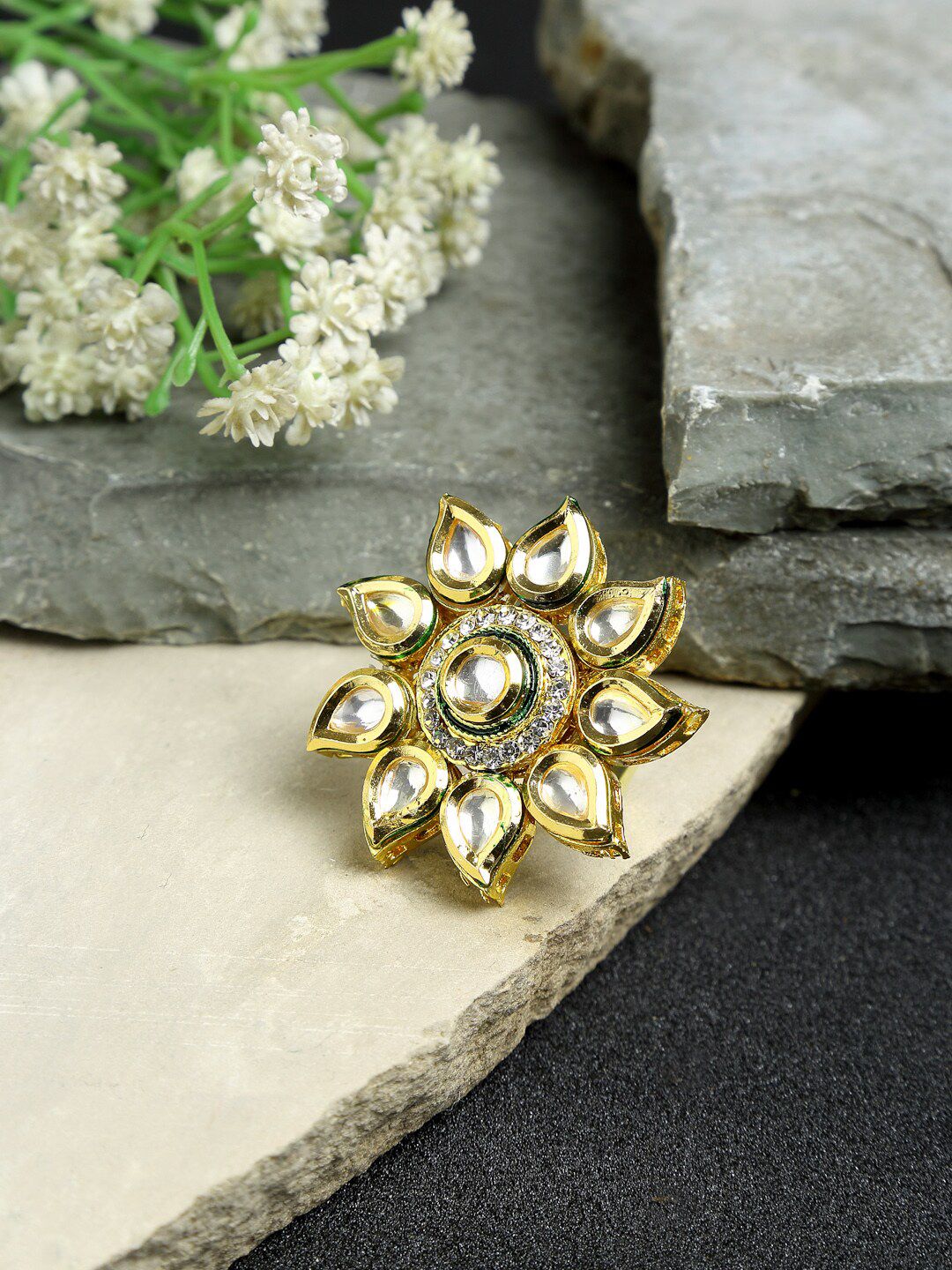 Ruby Raang Gold-Toned & White Kundan Studded Flower Handcrafted Adjustable Finger Ring Price in India