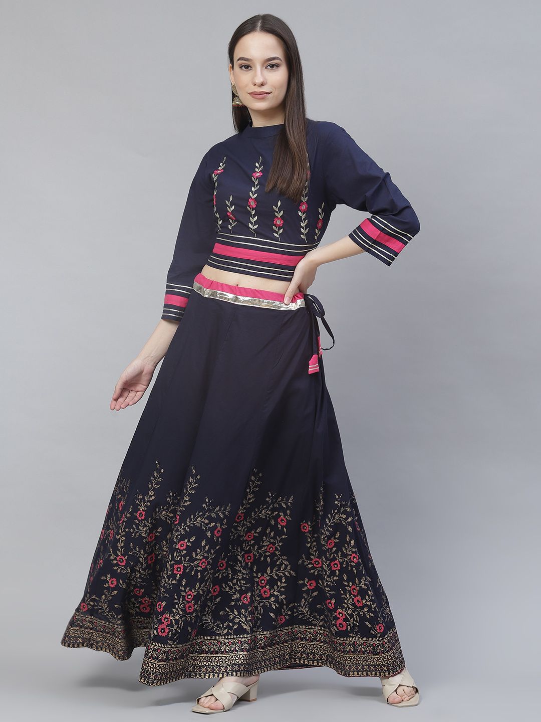 Meeranshi Navy Blue & Pink Embellished Foil Print Ready to Wear Lehenga Price in India