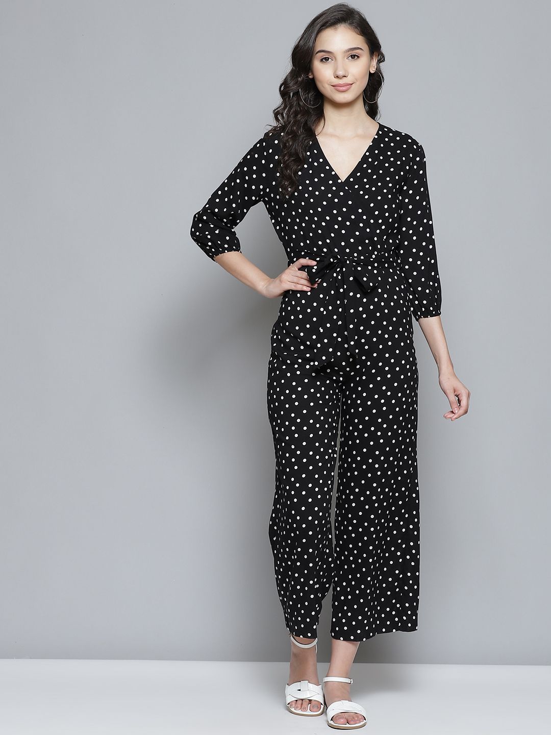 Femella Black & White Polka Dots Print Wrap Jumpsuit Price in India